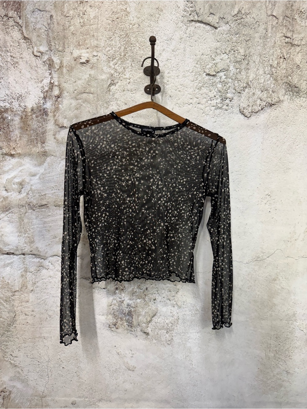 Sheer Black Mesh Long-Sleeve Top with Metallic Dot Accent